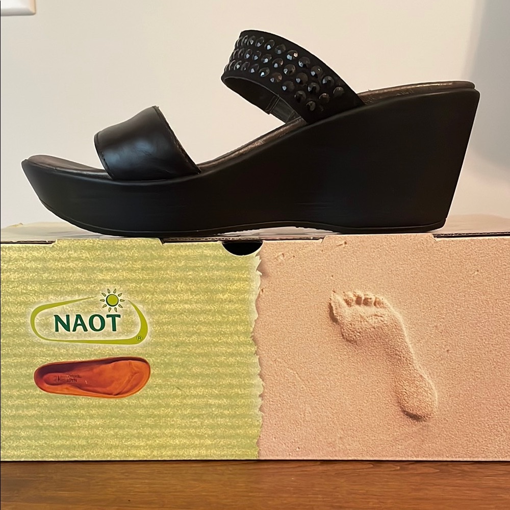 Naot Black Wedge Sandals with Textured Straps